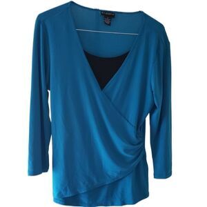 Bay Studio Career Teal/Black V-Neck Faux Wrap Long Sleeve Blouse